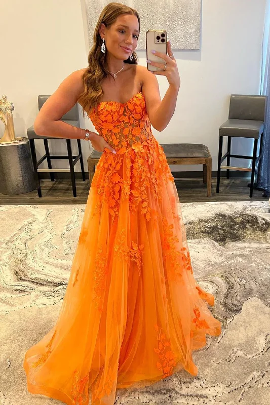 Party dresses with a metallic - thread embroidery for a luxurious touchOrange Sweetheart Long Prom Dress with Appliques Party dresses with a metallic - thread embroidery for a luxurious touchOrange Sweetheart Long Prom Dress with Appliques