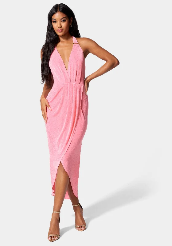 Prom dresses with one - shoulder designs and feather accents for a bold statementSlinky Asymmetrical Halter Neck Dress