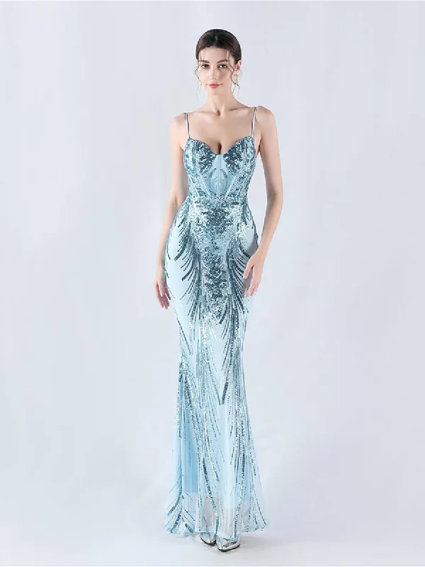 Prom dresses with side - slit pockets and solid - color fabrics for a practical and stylish formal lookSpaghetti Blue Sequin Coset Prom Dress MYN1009