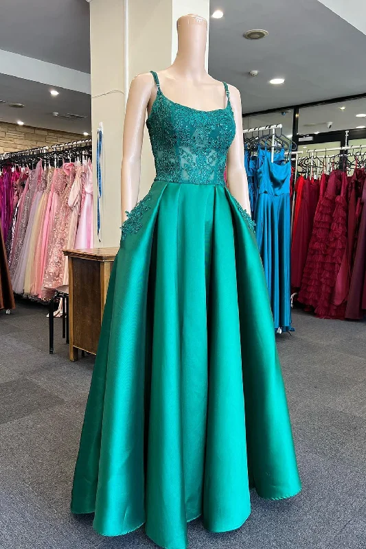 Party dresses with a metallic - thread embroidery for a luxurious touch​Spaghetti Straps Green Long Prom Dress with Appliques