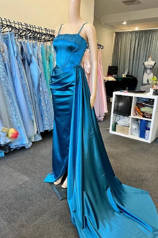 Party dresses with a leatherette material for a tough and stylish appearance​Spaghetti Straps Royal Blue Corset Top Prom Dress with Ruffles