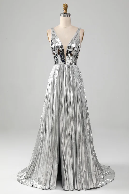 Prom dresses with side - slit skirts and beaded fringes for a glamorous appearanceSparkly A-Line V-Neck Silver Prom Dress with Slit