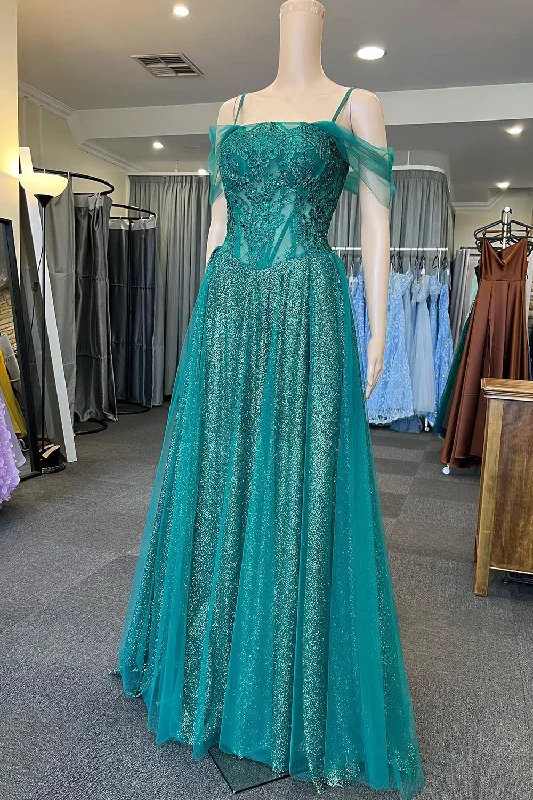 Party dresses with a criss - cross back design for a stylish detail​Sparkly Cold Shoulder Green Long Prom Dress with Appliques