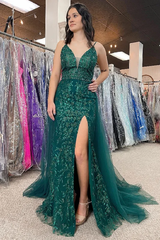 Party dresses with a metallic - thread embroidery for a luxurious touchSparkly Dark Green Tulle Sequin Detachable Train Prom Dress with Slit Party dresses with a metallic - thread embroidery for a luxurious touchSparkly Dark Green Tulle Sequin Detachable Train Prom Dress with Slit