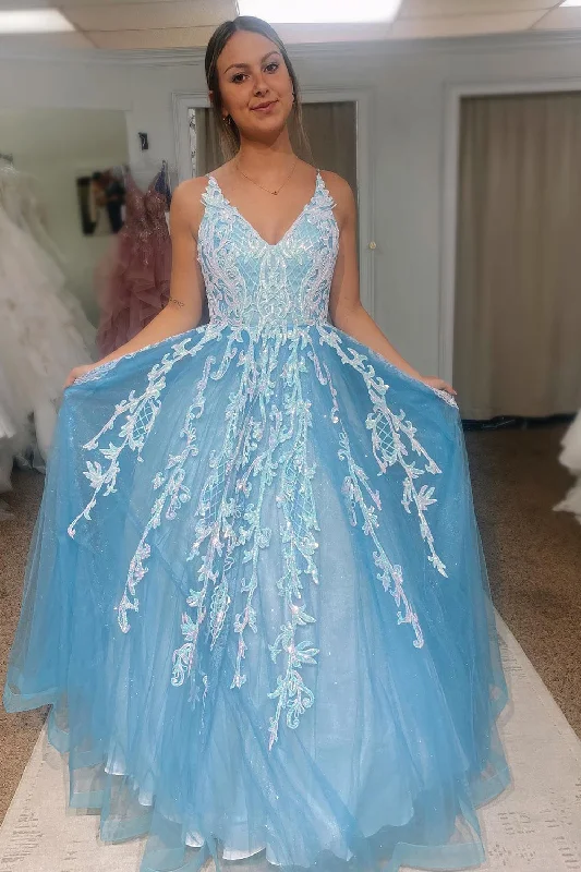 Party dresses with a sheer panel for a hint of allure​Sparkly Light Blue Long Prom Dress with Beading