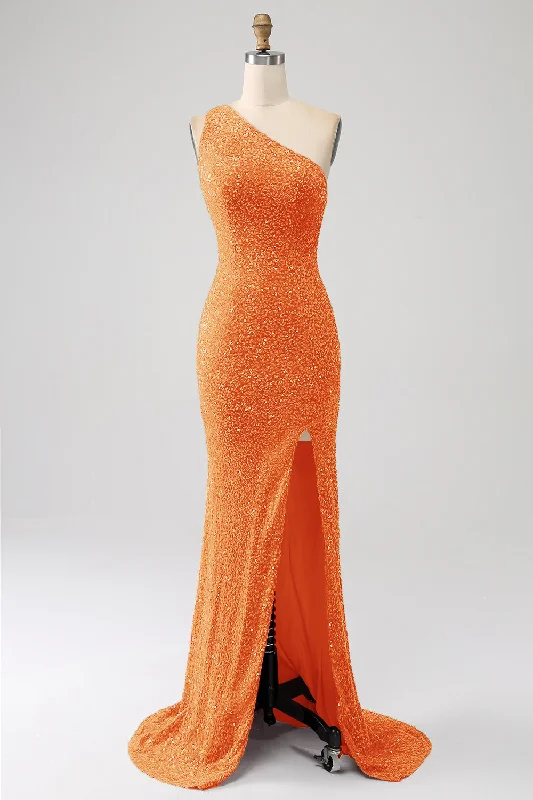 Strapless formal dresses with tulle skirts for a classic prom lookSparkly Orange Mermaid One Shoulder Sequins Prom Dress with Slit