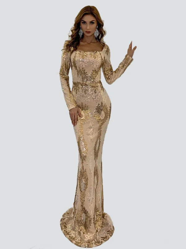Prom dresses with one - shoulder ruffled straps and geometric patterns for a contemporary and eye - catching formal eventSquare Neck Geo Sequin Golden Dress M0870