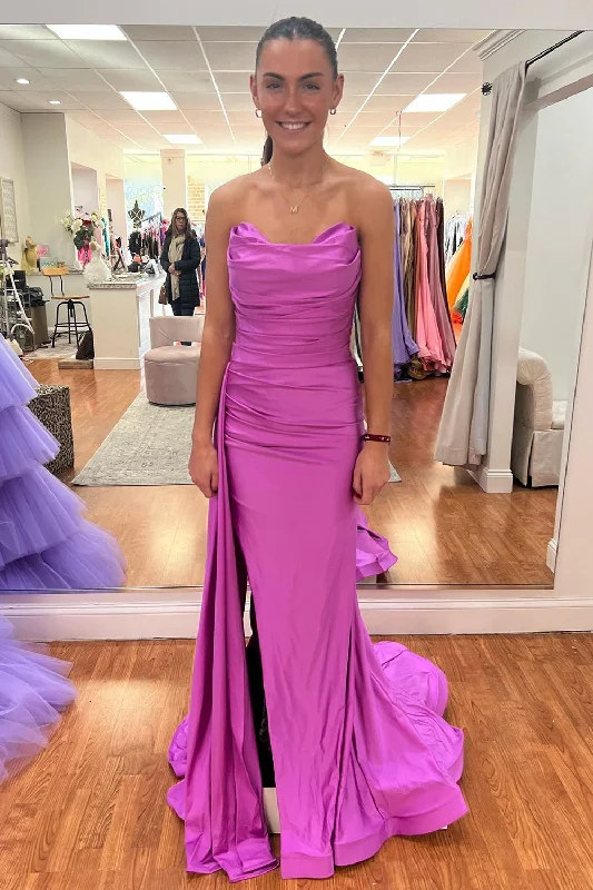 Party dresses with a handkerchief hem for a unique and flowing style​Strapless Satin Hot Pink Long Prom Dress with Slit