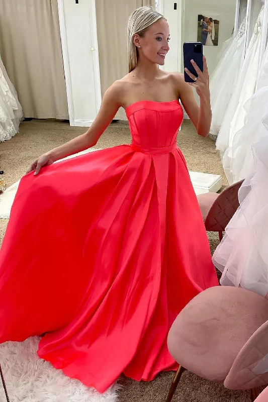 Midi - length party dresses for a modest and fashionable choice​Strapless Satin Red Corset Prom Dress