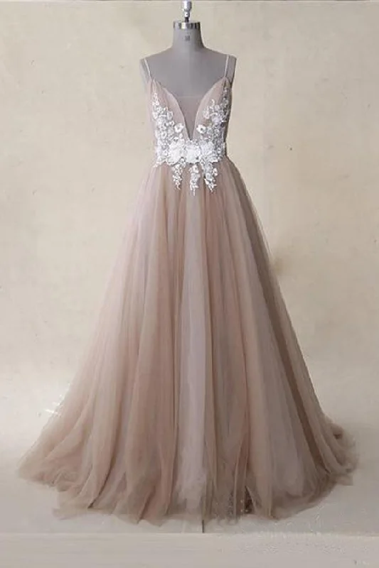 Tea - length party dresses for a sophisticated and versatile option​Straps Appliques Tulle A Line V Neck Long Prom Dress Dusty Rose  PSK058