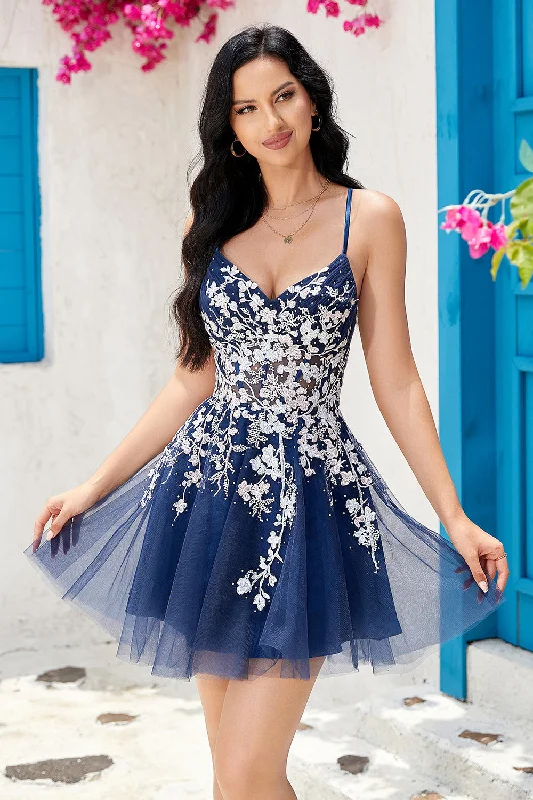 Gothic - style party dresses for a dark and mysterious look​Stylish A Line Navy Spaghetti Straps Short Prom Dress With Criss Cross Back