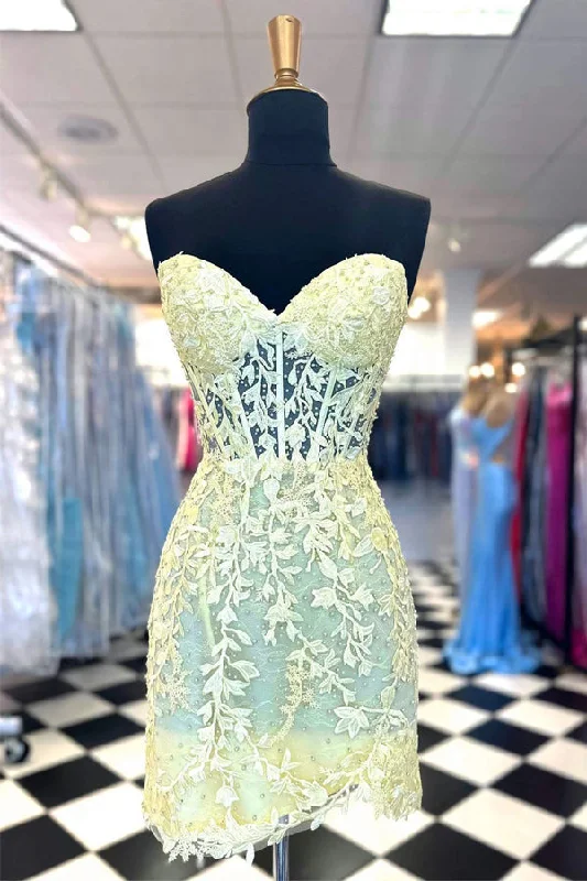 Long - length party dresses with a high - low hem for a trendy style​Sweetheart Lace Corset Tight Yellow Homecoming Dress PD565