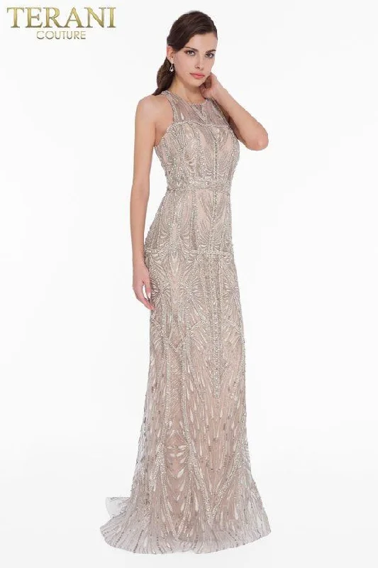 Bodycon dress with a ruched design for added texture​Terani Couture 1822GL7508 Sexy Long Prom Dress