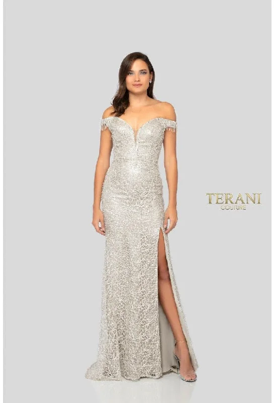 Bodycon dress in a neon color for a vibrant appearance​Terani Couture 1911GL9516 Off Shoulder Long Prom Dress