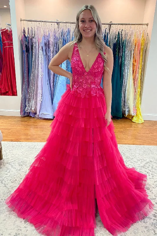 Party dresses with a one - shoulder design for a modern and unique look​V-Neck Tiered Hot Pink Long Prom Dress with Slit
