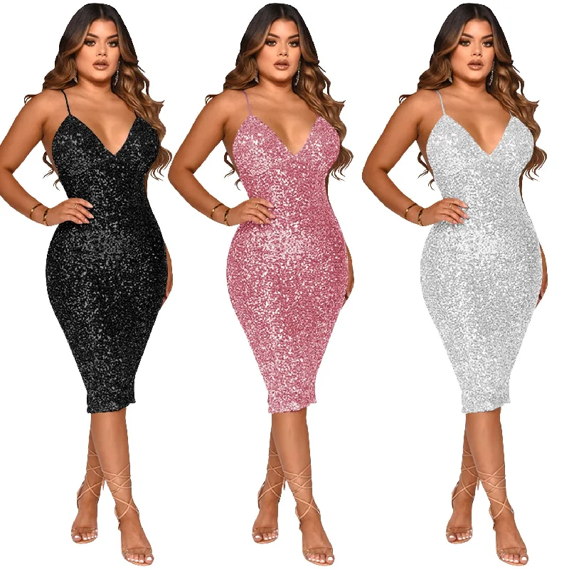 Formal dresses with embroidered panels and tulle overlays for a fairytale promWomens Dresses 2022 Elegant Backless Sexy Sequined Sling Club Midi Dress Lady Low Cut Bodycon Shinny Solid Color Dresses