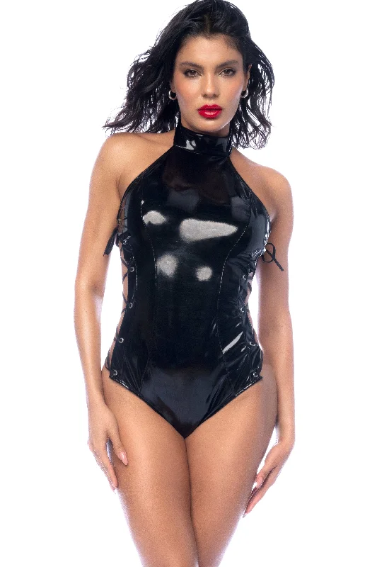 Long - Sleeve Bodysuits for Cold Weather LayeringVinyl Bodysuit with Lace-Up Sides