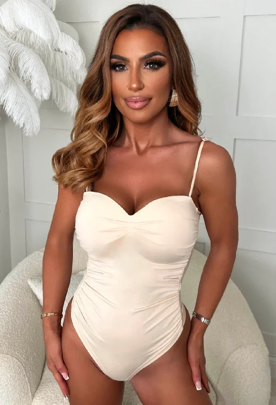 Button - Front Bodysuits with a Classic and Timeless AppealEffortless Style Beige Ruched Stretch Bodysuit