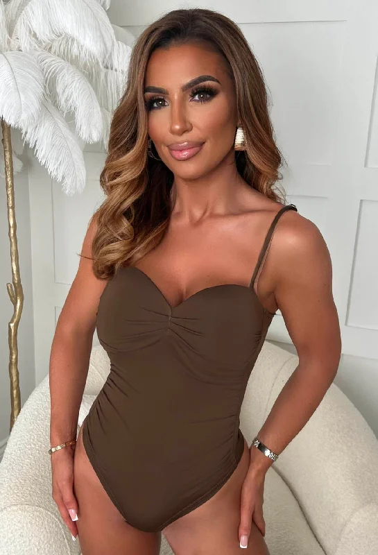 Long - Sleeve Bodysuits for Cold Weather LayeringEffortless Style Brown Ruched Stretch Bodysuit
