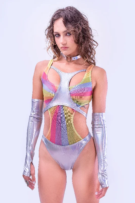 Neon Bodysuits to Stand Out at PartiesGleam Paneled Holo Bodysuit