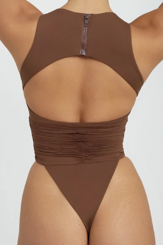 Women's Sleeveless Backless One - Pieces in Black with Cut - Out Details for a Sexy Beach LookJace Thong One Piece - Chocolate Women's Sleeveless Backless One - Pieces in Black with Cut - Out Details for a Sexy Beach LookJace Thong One Piece - Chocolate