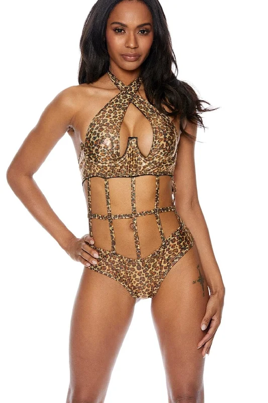 Button - Front Bodysuits with a Classic and Timeless AppealStrappy One Piece Leopard Hologram Swimwear Button - Front Bodysuits with a Classic and Timeless AppealStrappy One Piece Leopard Hologram Swimwear