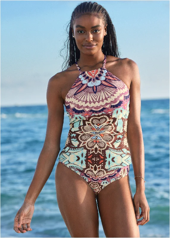 Women's Metallic - Trimmed Swim Tops in Gold for a Glamorous Beach PartyHanky Hem High-Neck Tankini - Summer Sands