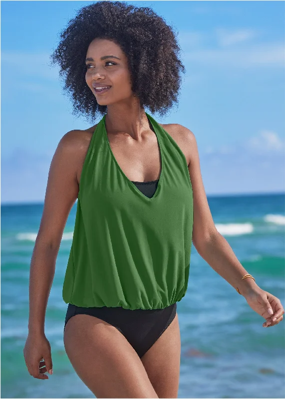 Women's Sequined Mini One - Pieces in Gold for a Glamorous New Year's Eve PartyCowl Neck Twofer One-Piece - Everglades Green & Black