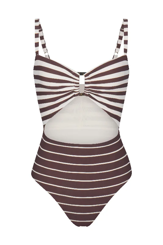 Plus Size Women's Button - Down One - Pieces in Light Blue for a Casual and Comfortable Day OutTortoise Cutout One-Piece In Espresso Mixed Stripe Plus Size Women's Button - Down One - Pieces in Light Blue for a Casual and Comfortable Day OutTortoise Cutout One-Piece In Espresso Mixed Stripe