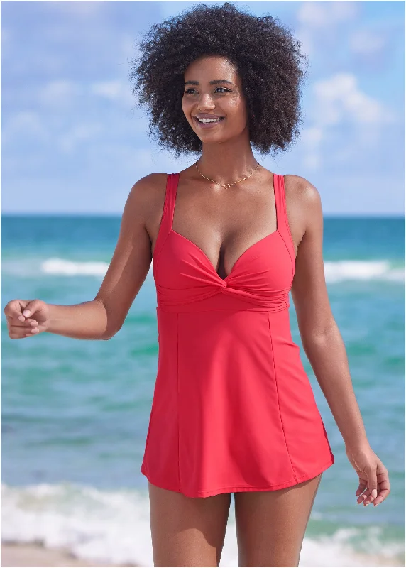 Women's Plaid Patterned One - Pieces in Red and Black for a Classic Fall LookFit And Flare Swim Dress - Sunset Pink